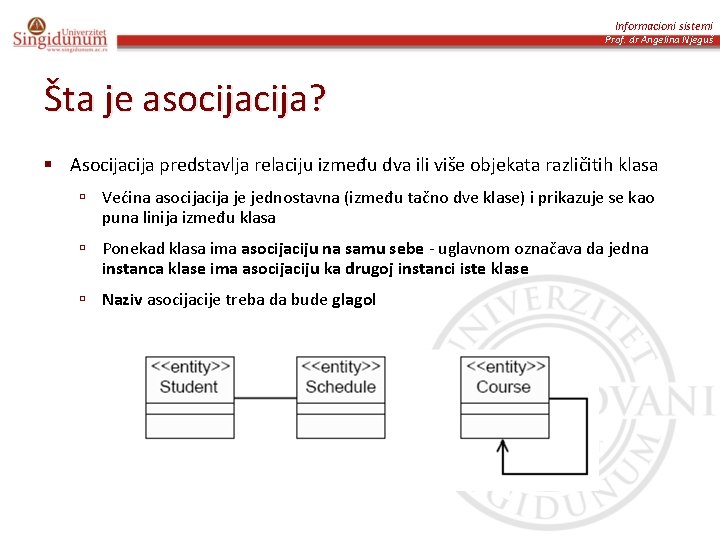 Informacioni sistemi Prof. dr Angelina Njeguš Šta je asocija? Asocija predstavlja relaciju između dva