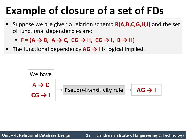 Example of closure of a set of FDs § Suppose we are given a