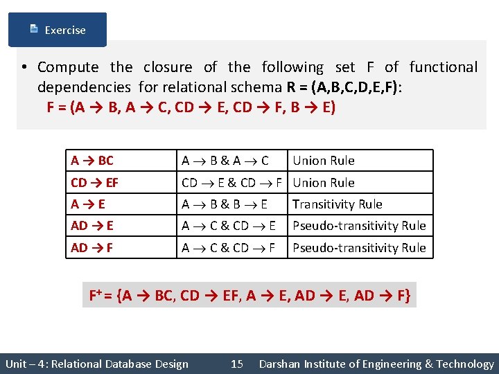 Exercise • Compute the closure of the following set F of functional dependencies for