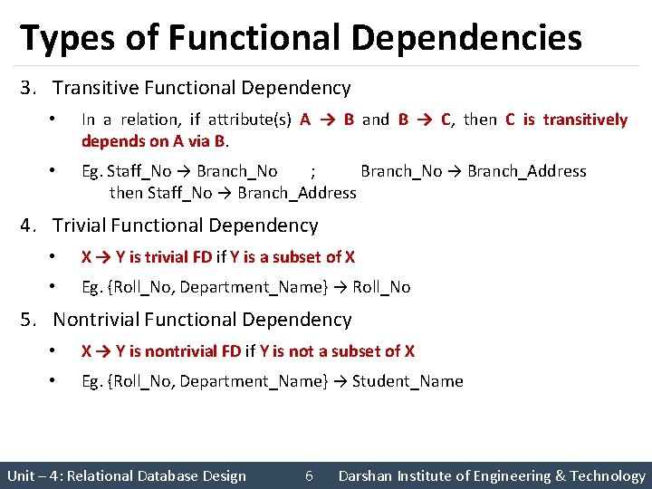 Types of Functional Dependencies 3. Transitive Functional Dependency • In a relation, if attribute(s)
