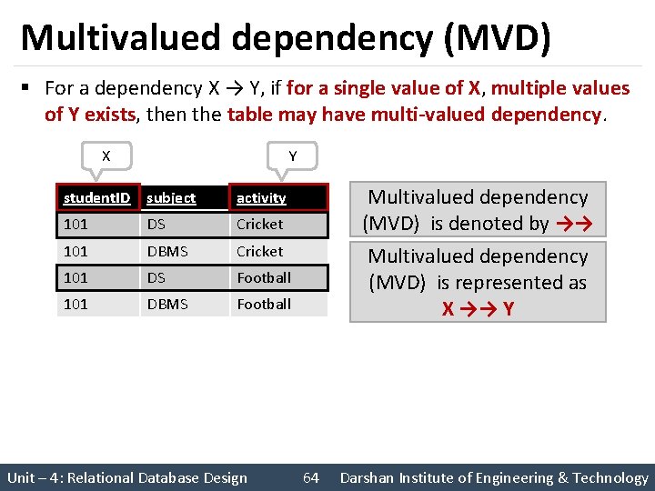 Multivalued dependency (MVD) § For a dependency X → Y, if for a single