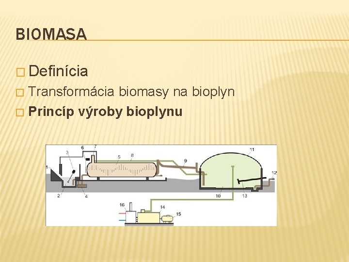 BIOMASA � Definícia Transformácia biomasy na bioplyn � Princíp výroby bioplynu � 