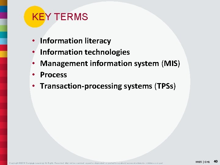 KEY TERMS • • • Information literacy Information technologies Management information system (MIS) Process