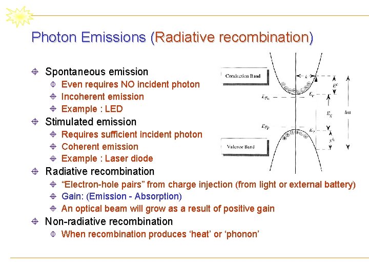 Photon Emissions (Radiative recombination) Spontaneous emission Even requires NO incident photon Incoherent emission Example