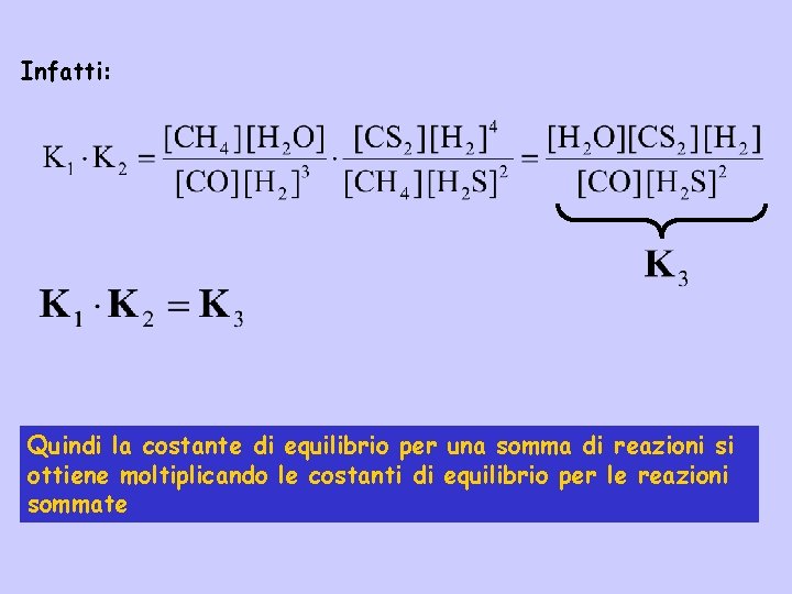 Infatti: Quindi la costante di equilibrio per una somma di reazioni si ottiene moltiplicando