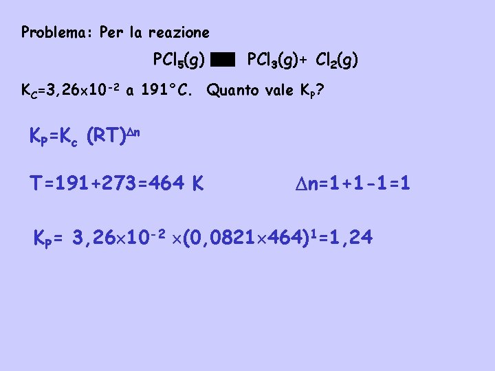 Problema: Per la reazione PCl 5(g) PCl 3(g)+ Cl 2(g) KC=3, 26 10 -2