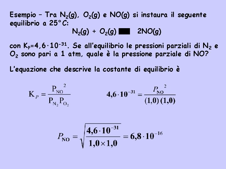 Esempio – Tra N 2(g), O 2(g) e NO(g) si instaura il seguente equilibrio