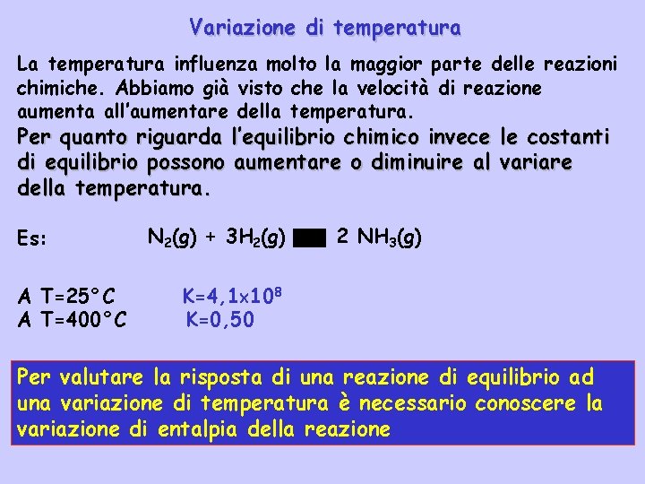 Variazione di temperatura La temperatura influenza molto la maggior parte delle reazioni chimiche. Abbiamo