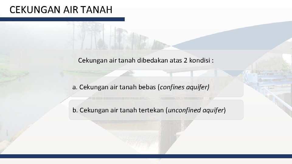 CEKUNGAN AIR TANAH Cekungan air tanah dibedakan atas 2 kondisi : a. Cekungan air