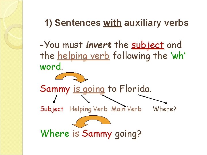 1) Sentences with auxiliary verbs -You must invert the subject and the helping verb