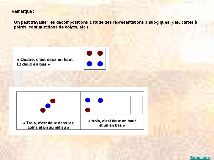 Remarque : On peut travailler les décompositions à l’aide des représentations analogiques (dés, cartes