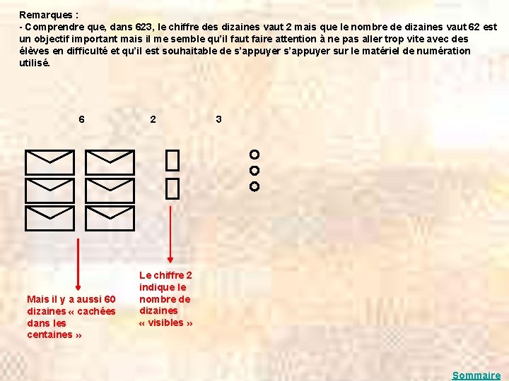 Remarques : - Comprendre que, dans 623, le chiffre des dizaines vaut 2 mais