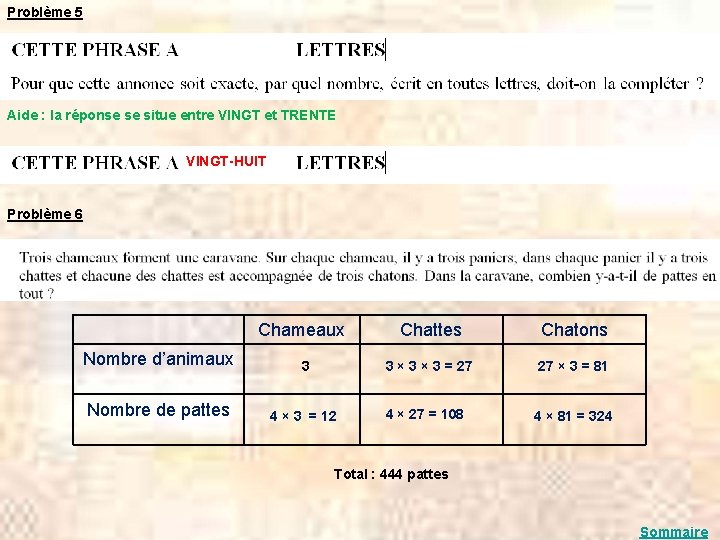 Problème 5 Aide : la réponse se situe entre VINGT et TRENTE VINGT-HUIT Problème