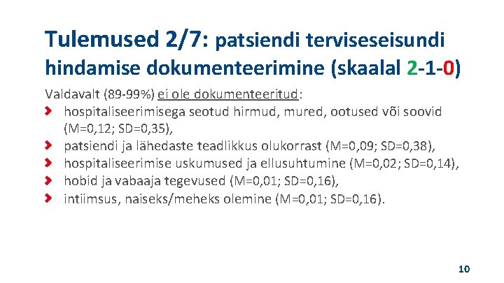 Tulemused 2/7: patsiendi terviseseisundi hindamise dokumenteerimine (skaalal 2 -1 -0) Valdavalt (89 -99%) ei