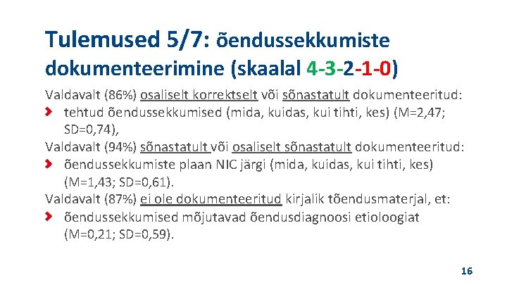 Tulemused 5/7: õendussekkumiste dokumenteerimine (skaalal 4 -3 -2 -1 -0) Valdavalt (86%) osaliselt korrektselt