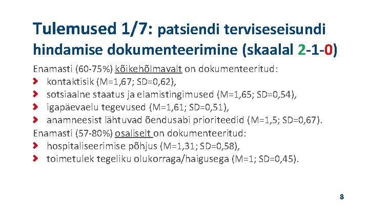 Tulemused 1/7: patsiendi terviseseisundi hindamise dokumenteerimine (skaalal 2 -1 -0) Enamasti (60 -75%) kõikehõlmavalt