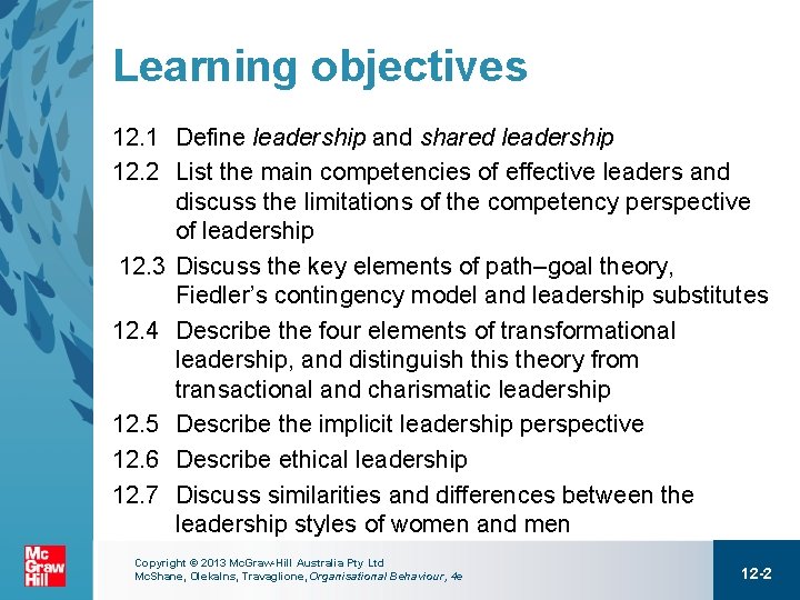 Learning objectives 12. 1 Define leadership and shared leadership 12. 2 List the main