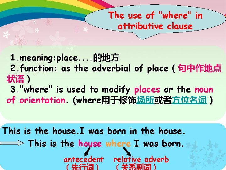 The use of "where" in attributive clause 1. meaning: place. . 的地方 2. function: