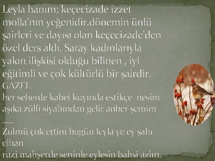 Leyla hanım; keçecizade izzet molla‘nın yeğenidir. dönemin ünlü şairleri ve dayısı olan keçecizade’den özel