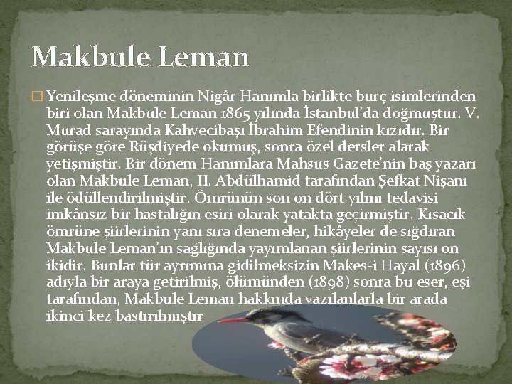 Makbule Leman � Yenileşme döneminin Nigâr Hanımla birlikte burç isimlerinden biri olan Makbule Leman