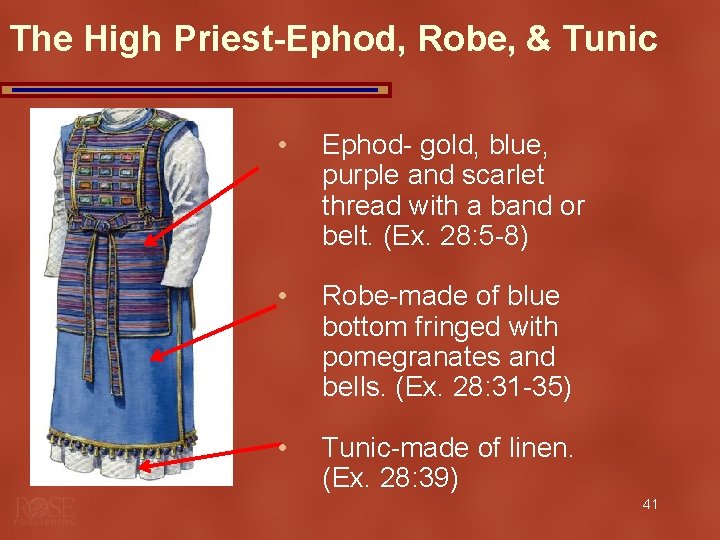 The High Priest-Ephod, Robe, & Tunic • Ephod- gold, blue, purple and scarlet thread