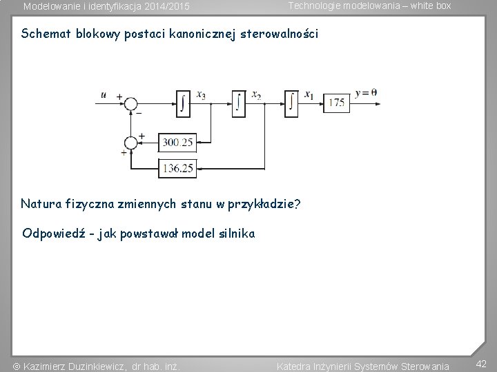 Modelowanie i identyfikacja 2014/2015 Technologie modelowania – white box Schemat blokowy postaci kanonicznej sterowalności