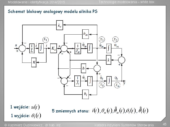 Technologie modelowania – white box Modelowanie i identyfikacja 2014/2015 Schemat blokowy analogowy modelu silnika