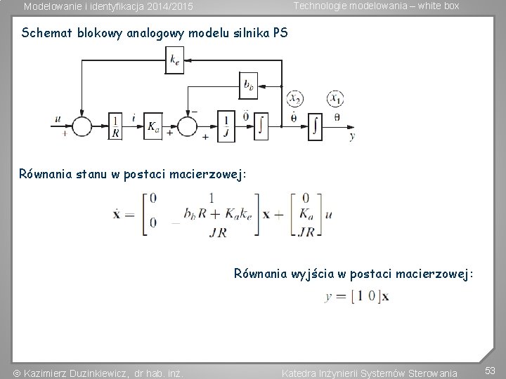 Technologie modelowania – white box Modelowanie i identyfikacja 2014/2015 Schemat blokowy analogowy modelu silnika