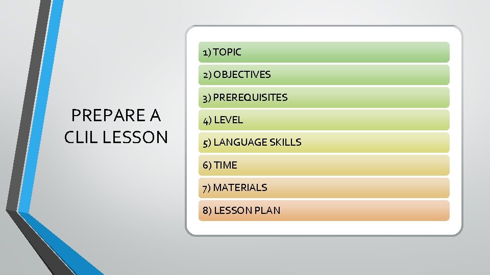 1) TOPIC 2) OBJECTIVES 3) PREREQUISITES PREPARE A CLIL LESSON 4) LEVEL 5) LANGUAGE