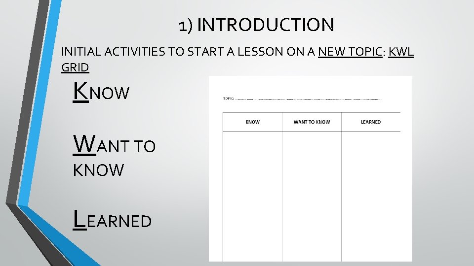 1) INTRODUCTION INITIAL ACTIVITIES TO START A LESSON ON A NEW TOPIC: KWL GRID