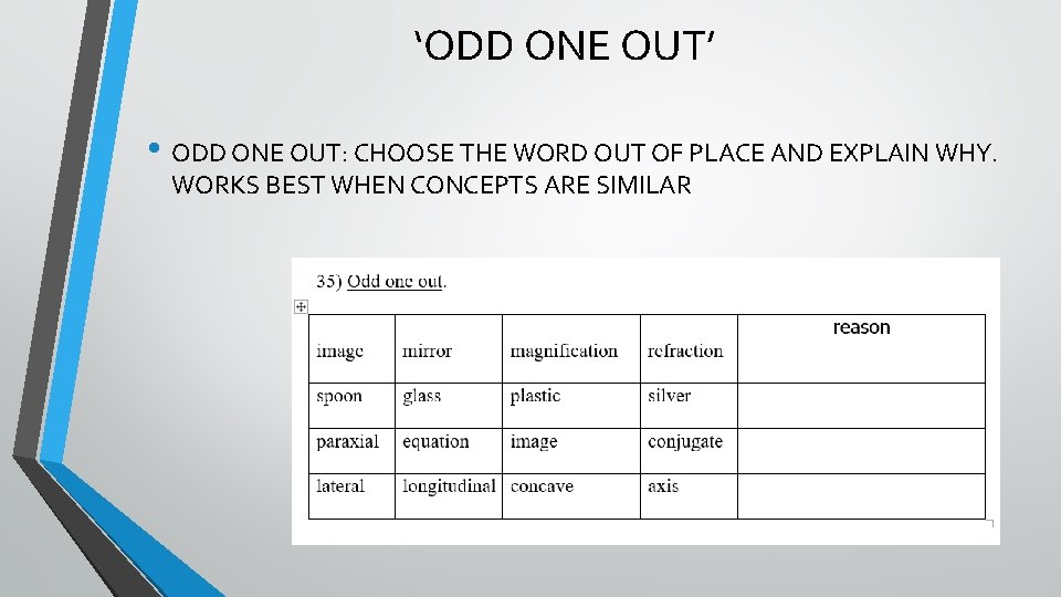‘ODD ONE OUT’ • ODD ONE OUT: CHOOSE THE WORD OUT OF PLACE AND