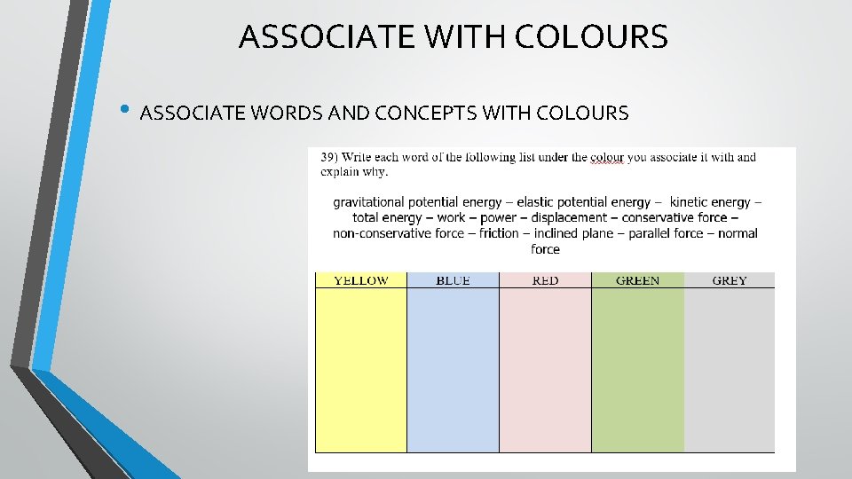 ASSOCIATE WITH COLOURS • ASSOCIATE WORDS AND CONCEPTS WITH COLOURS 