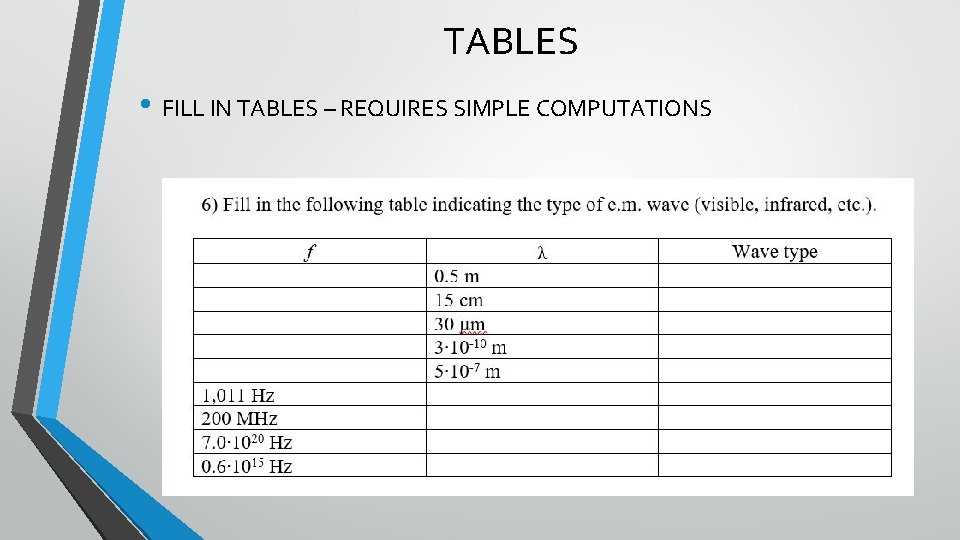 TABLES • FILL IN TABLES – REQUIRES SIMPLE COMPUTATIONS 