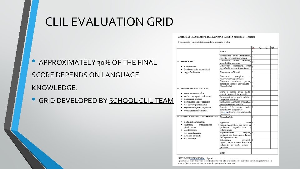 CLIL EVALUATION GRID • APPROXIMATELY 30% OF THE FINAL SCORE DEPENDS ON LANGUAGE KNOWLEDGE.
