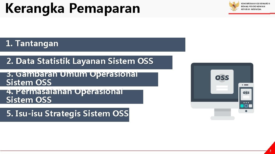 Kerangka Pemaparan KEMENTERIAN KOORDINATOR BIDANG PEREKONOMIAN REPUBLIK INDONESIA 1. Tantangan 2. Data Statistik Layanan