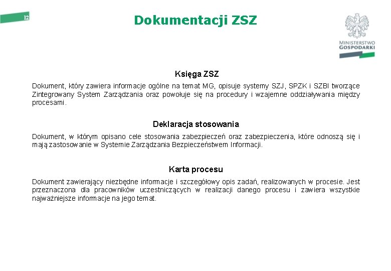 12 Dokumentacji ZSZ Księga ZSZ Dokument, który zawiera informacje ogólne na temat MG, opisuje