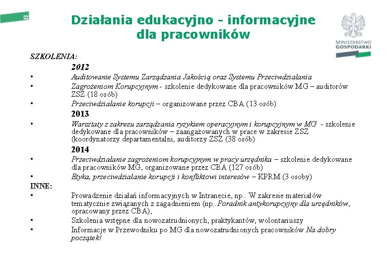 Działania edukacyjno - informacyjne dla pracowników 22 SZKOLENIA: 2012 • • • Auditowanie Systemu