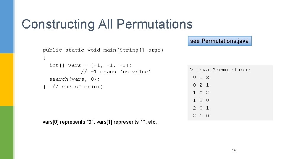 Constructing All Permutations see Permutations. java public static void main(String[] args) { int[] vars