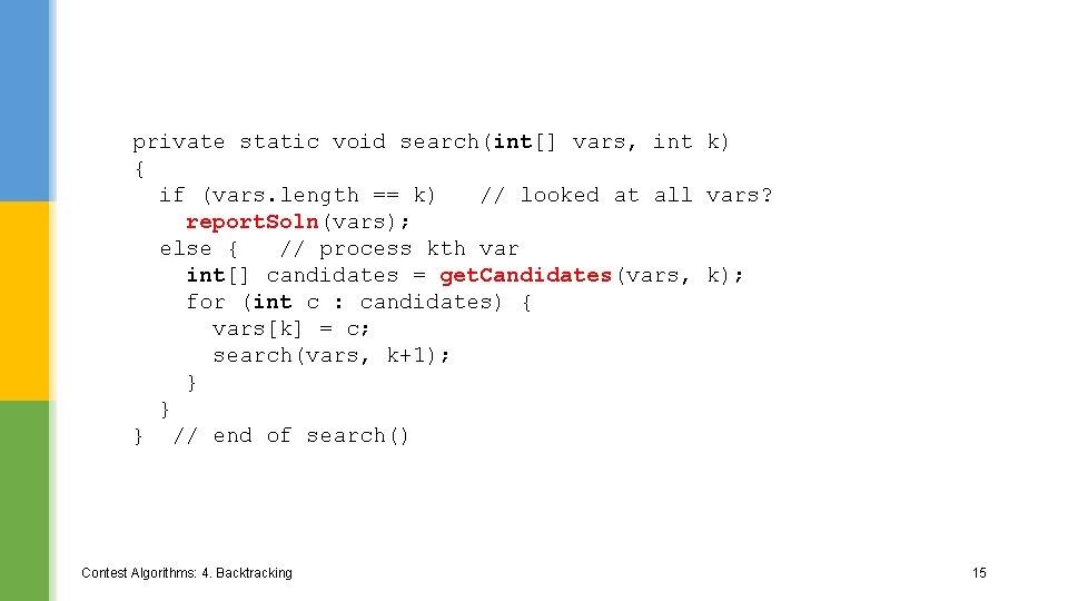 private static void search(int[] vars, int k) { if (vars. length == k) //