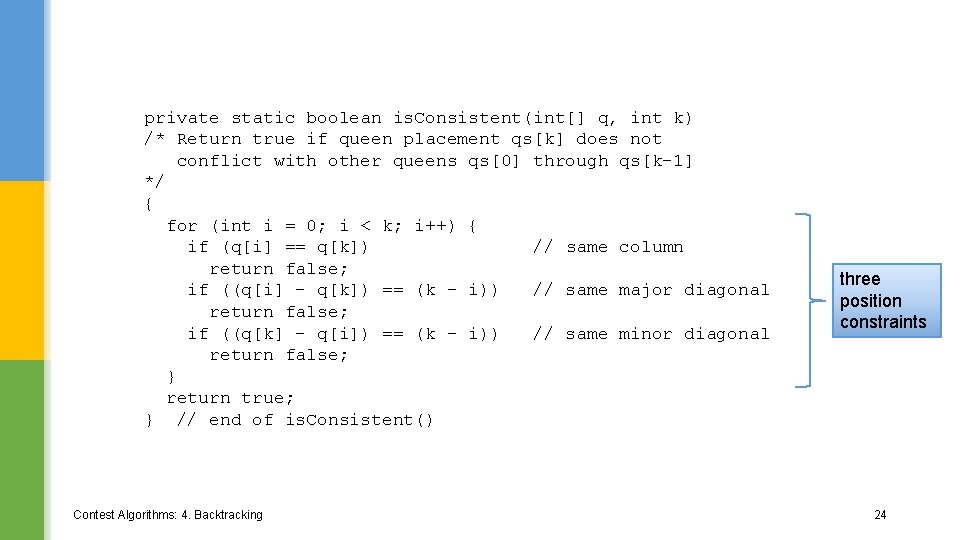 private static boolean is. Consistent(int[] q, int k) /* Return true if queen placement