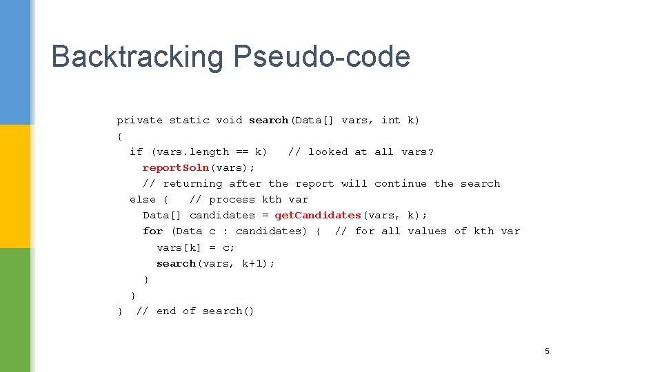 Backtracking Pseudo-code private static void search(Data[] vars, int k) { if (vars. length ==