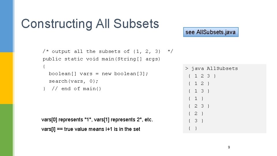 Constructing All Subsets /* output all the subsets of {1, 2, 3} public static