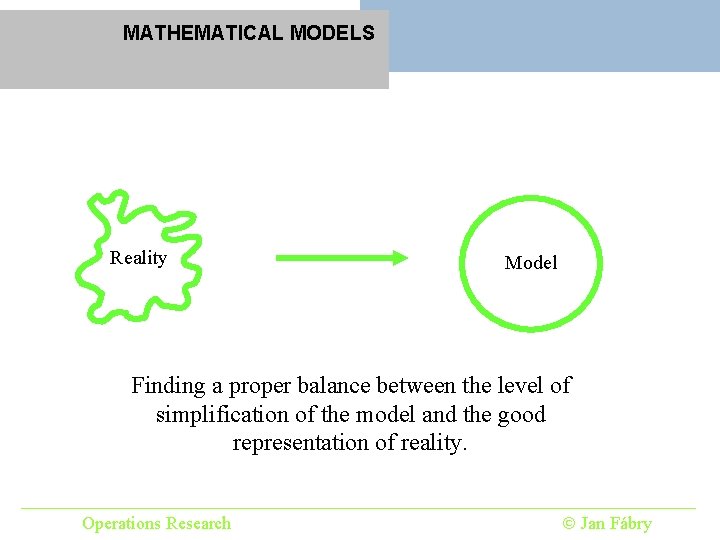 MATHEMATICAL MODELS Reality Model Finding a proper balance between the level of simplification of