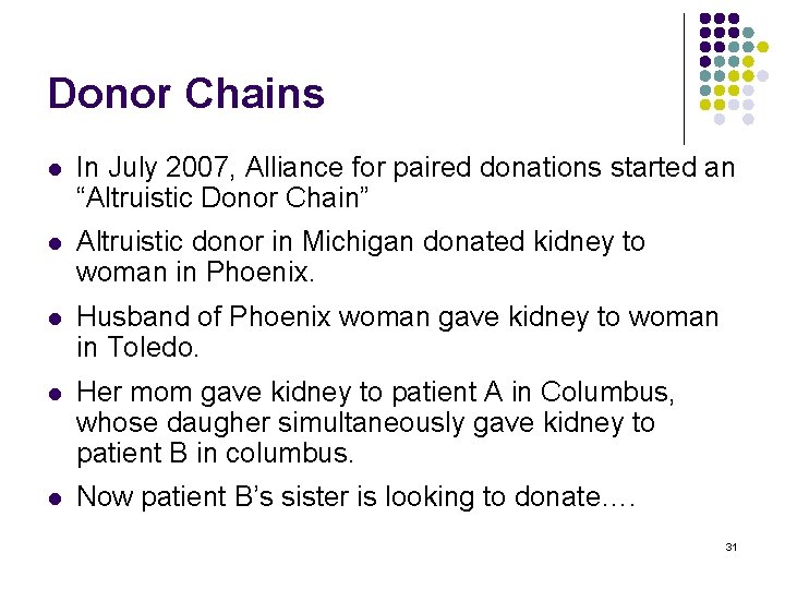 Donor Chains l In July 2007, Alliance for paired donations started an “Altruistic Donor