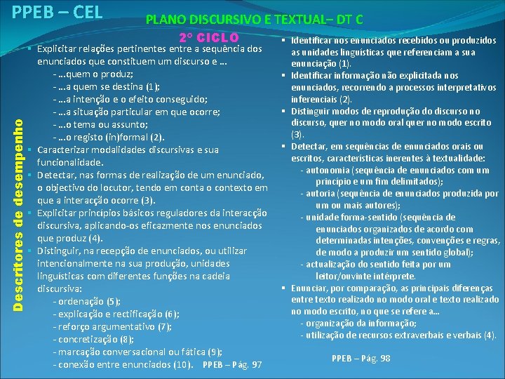 PPEB – CEL PLANO DISCURSIVO E TEXTUAL– DT C Descritores de desempenho 2º CICLO