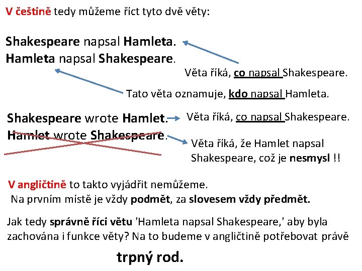 V češtině tedy můžeme říct tyto dvě věty: Shakespeare napsal Hamleta napsal Shakespeare. Věta