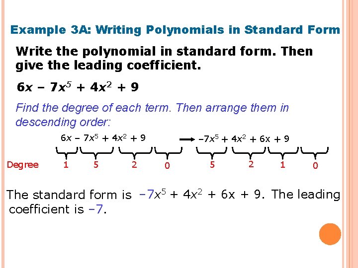 Example 3 A: Writing Polynomials in Standard Form Write the polynomial in standard form.