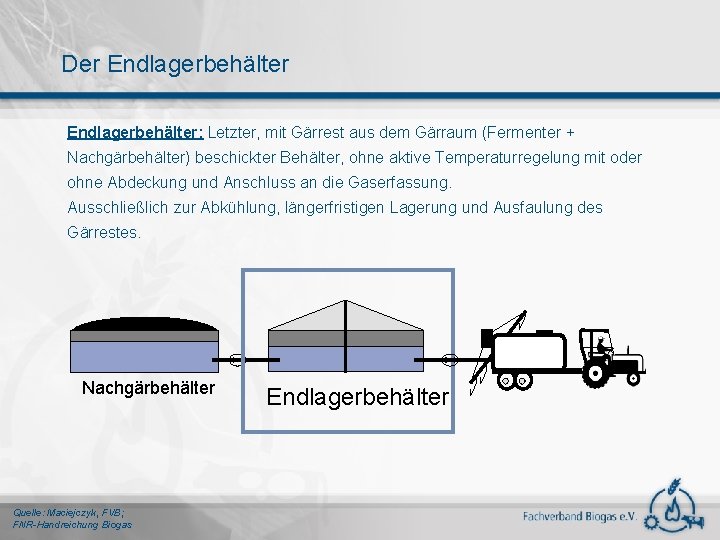 Der Endlagerbehälter: Letzter, mit Gärrest aus dem Gärraum (Fermenter + Nachgärbehälter) beschickter Behälter, ohne