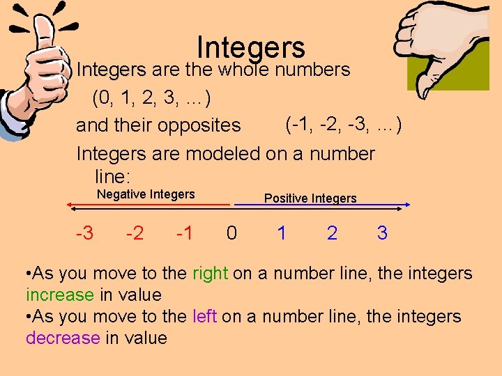 Integers are the whole numbers (0, 1, 2, 3, …) (-1, -2, -3, …)