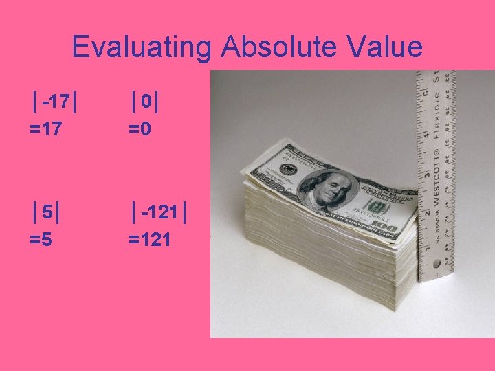 Evaluating Absolute Value │-17│ =17 │0│ =0 │5│ =5 │-121│ =121 